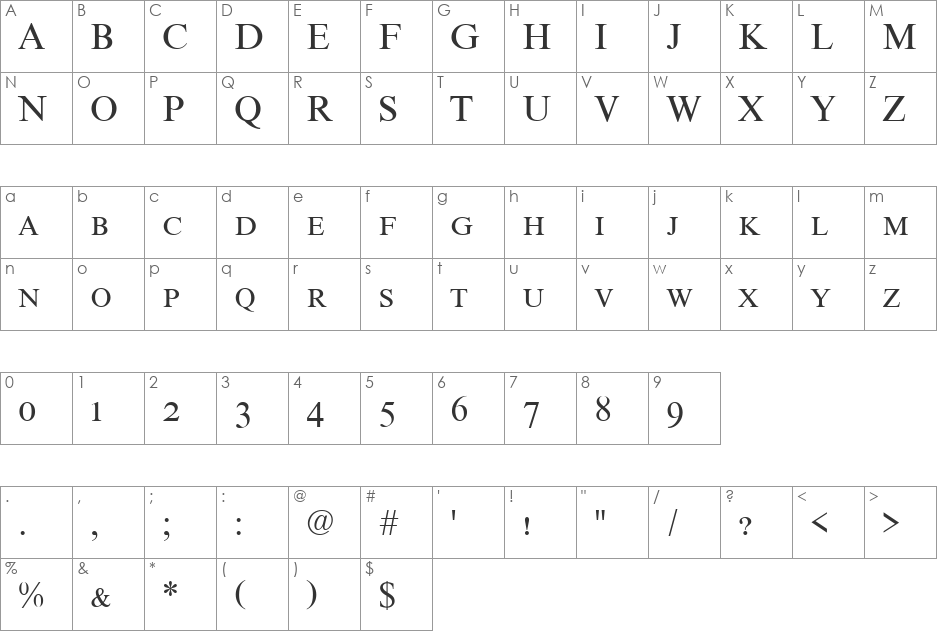 Nimbus Roman Becker No9SCT font character map preview