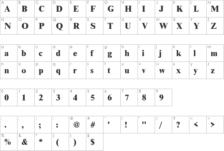 Nimbus Roman Becker No9TExtBol font character map preview