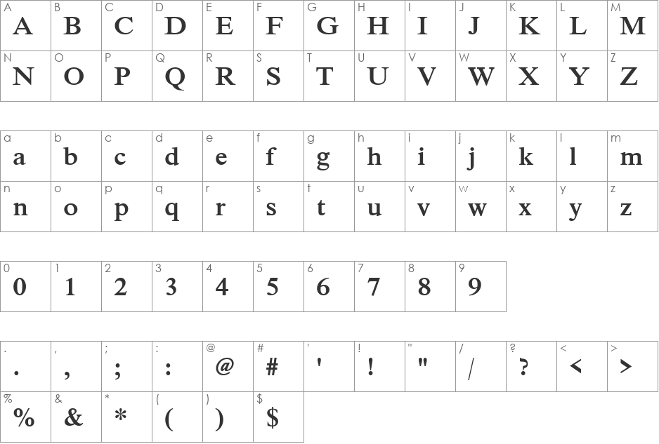 Nimbus Roman Becker No9TMed font character map preview