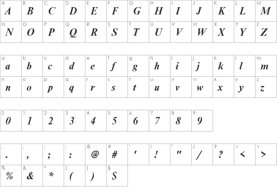 NimbusRomDGR font character map preview