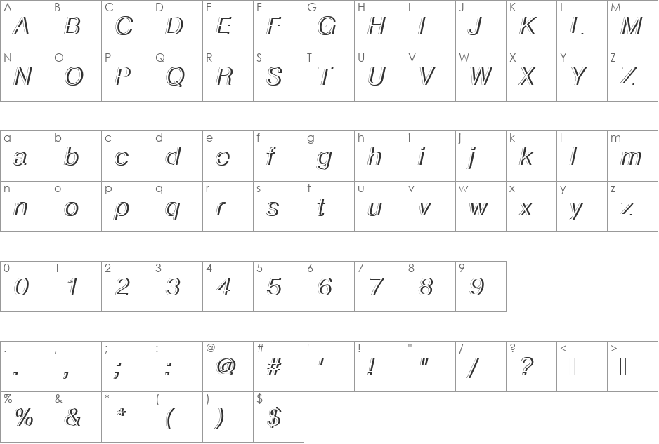 NimbusSanDLigItaRe1 font character map preview