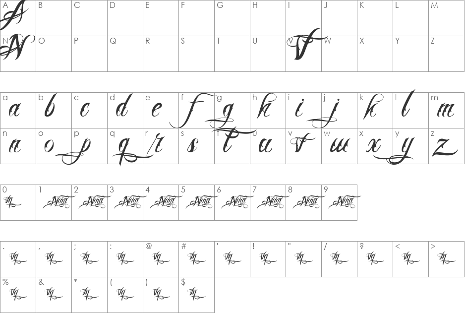 Nina Script font character map preview
