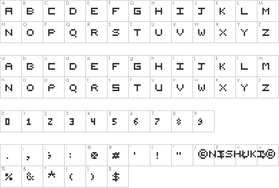 Nishuki pixels font character map preview