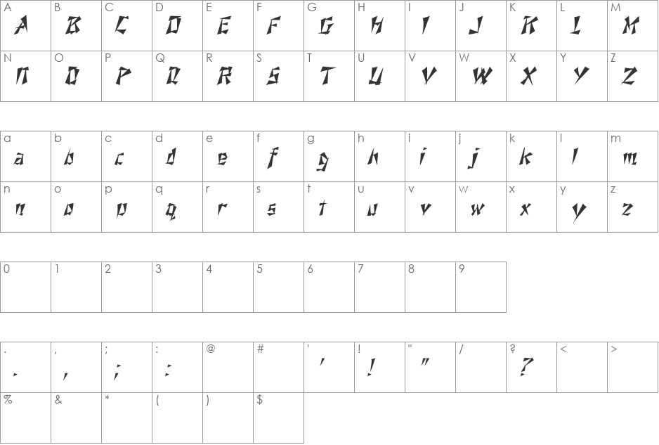 Nixon Italic font character map preview