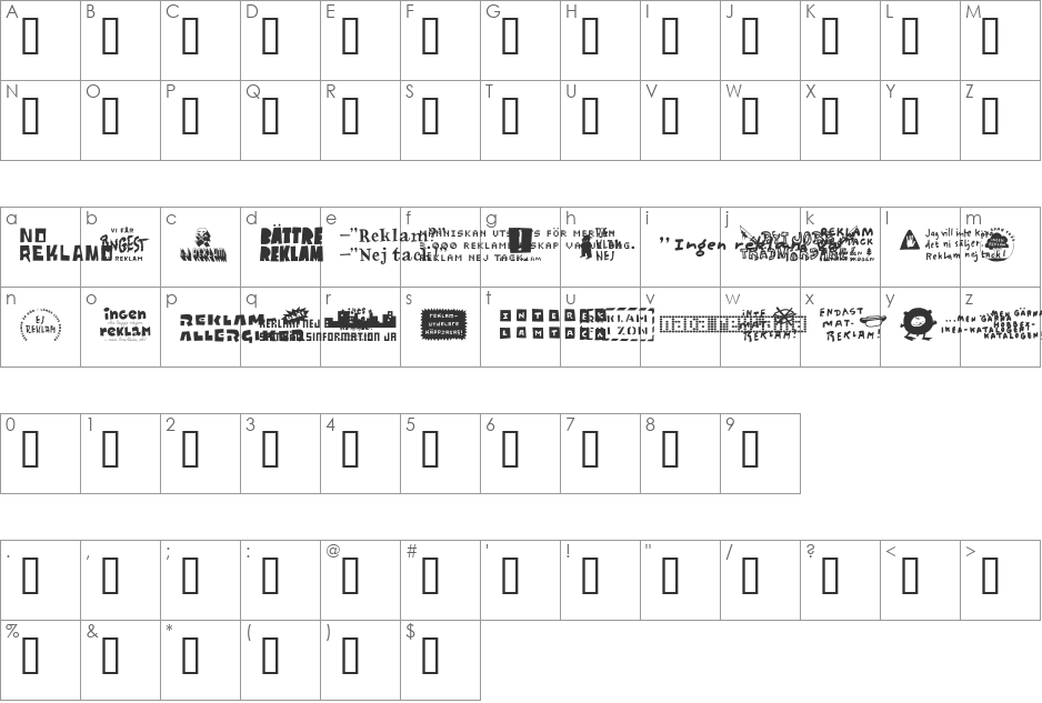 No Reklamo font character map preview