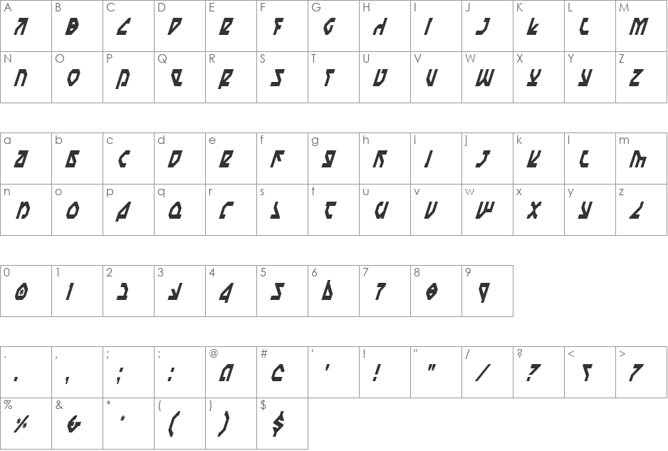 Nostromo Condensed Italic font character map preview