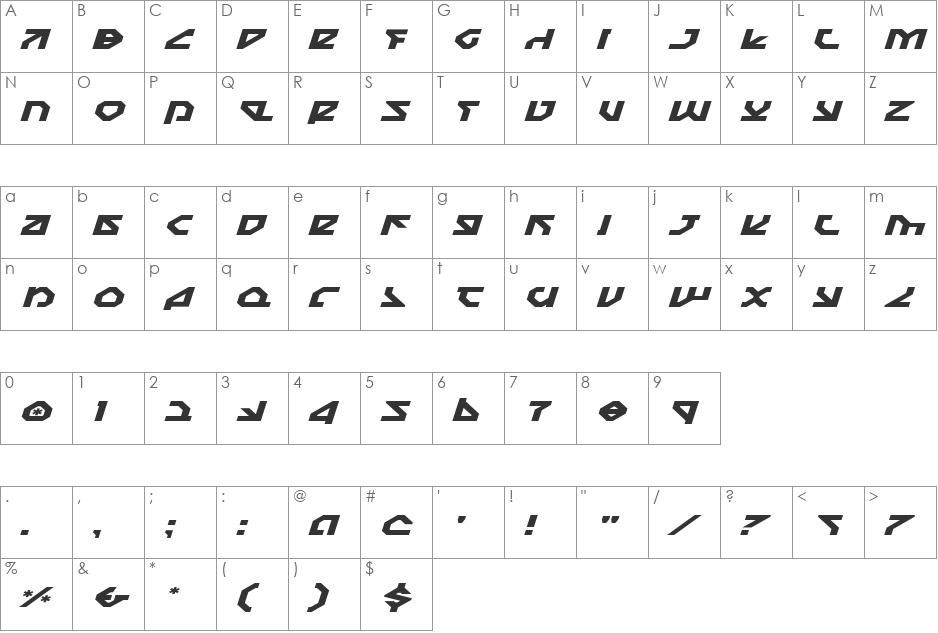 Nostromo Italic font character map preview