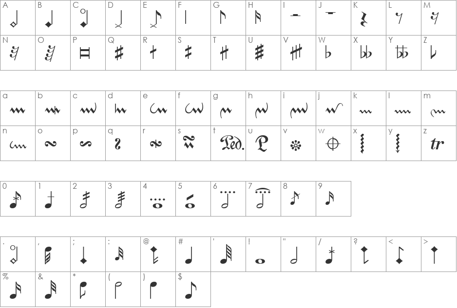 Nota1TT font character map preview