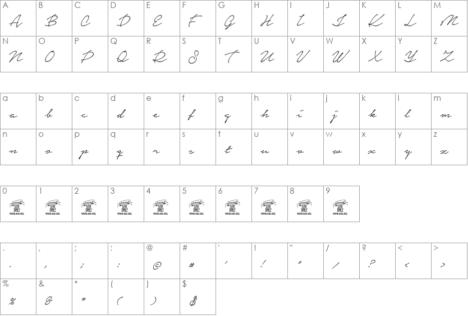 Notera Personal Use Only font character map preview