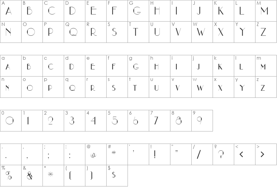 Nouveau Asta font character map preview
