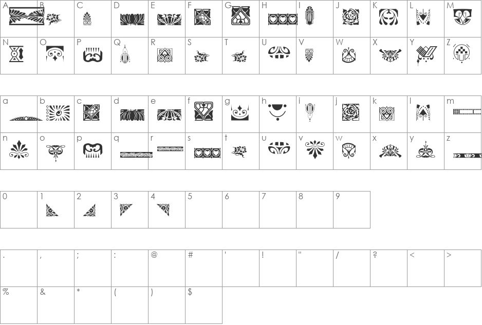 Nouveau Rococo Deco Dings I font character map preview