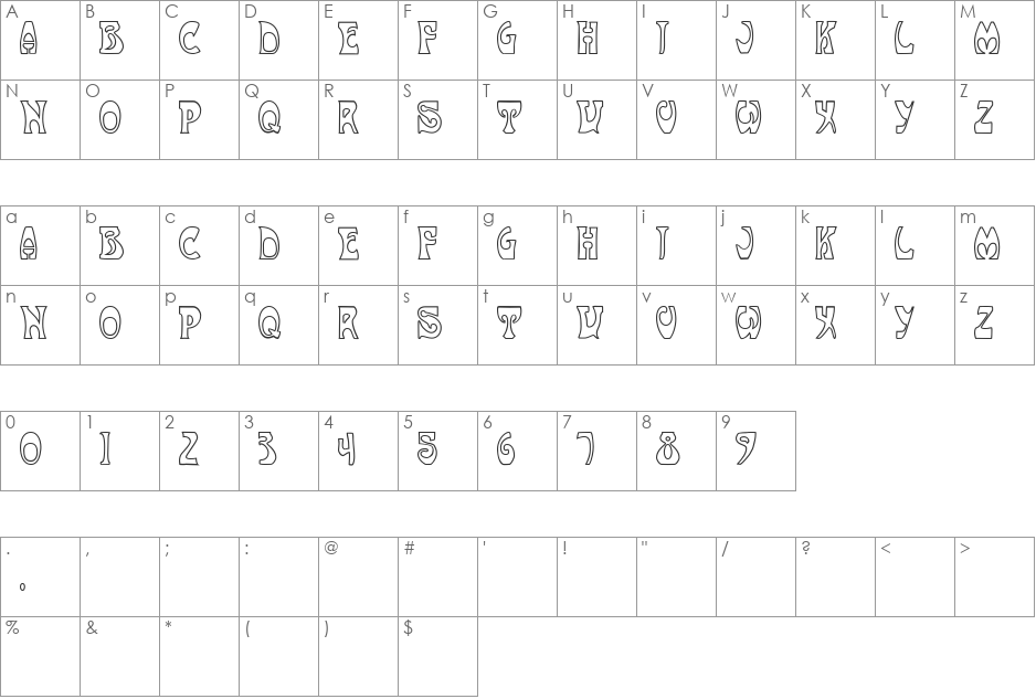 NouveauUneOutline font character map preview