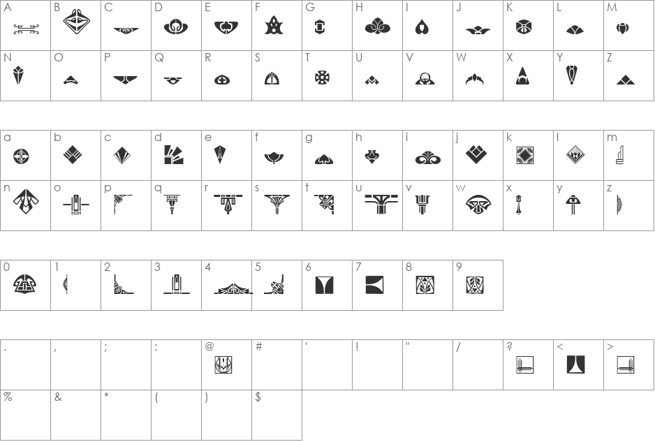 Novo Deco Ornaments font character map preview
