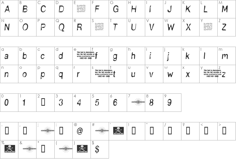 NudE font character map preview