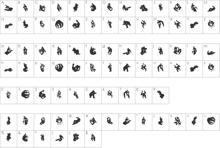 NudesTwo font character map preview