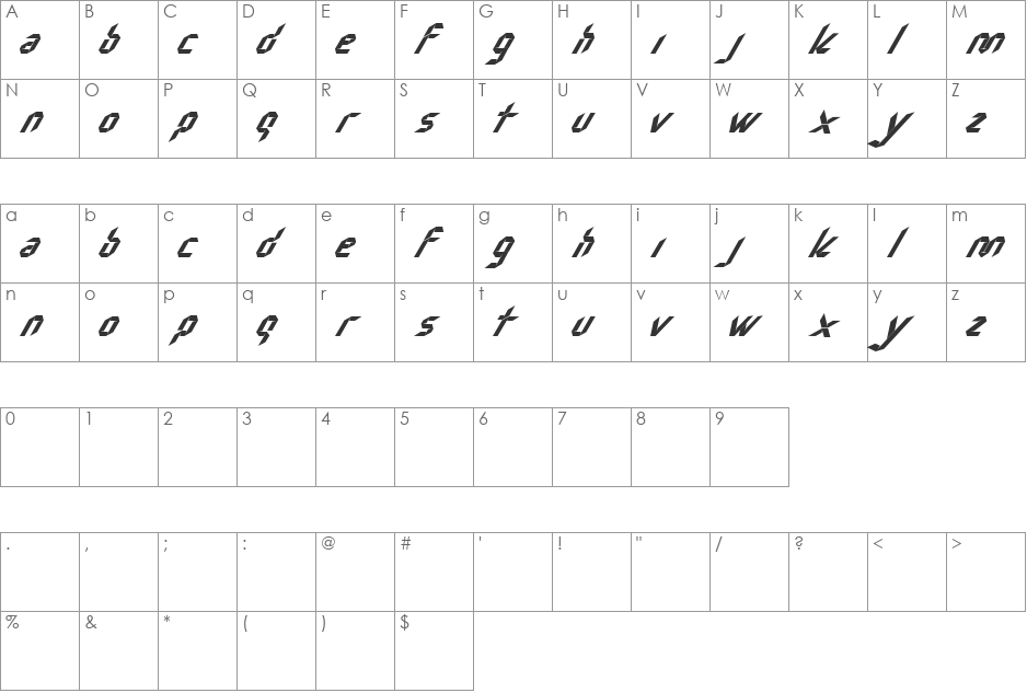 Nudo font character map preview