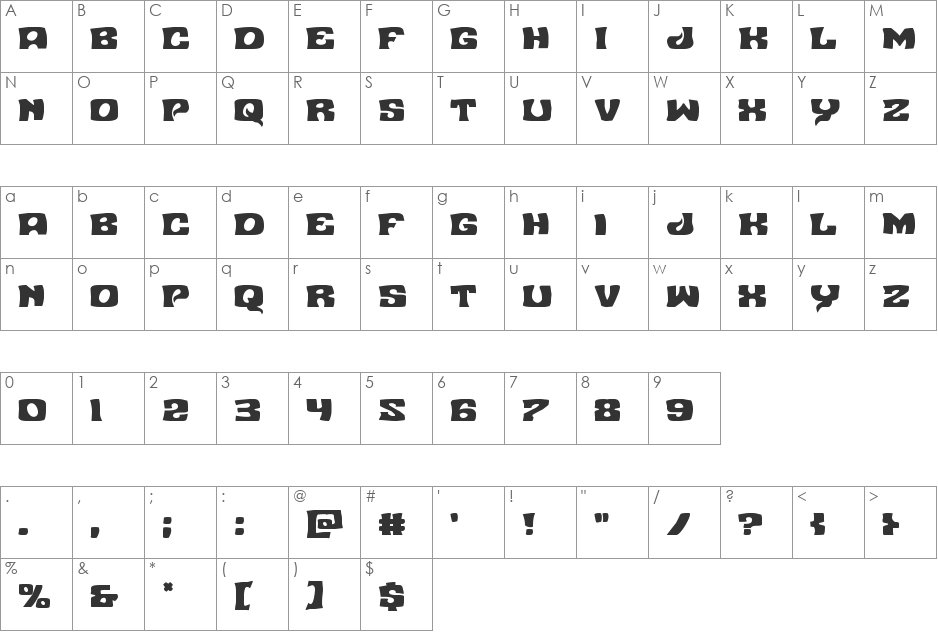 Nuevo Passion Rotated font character map preview