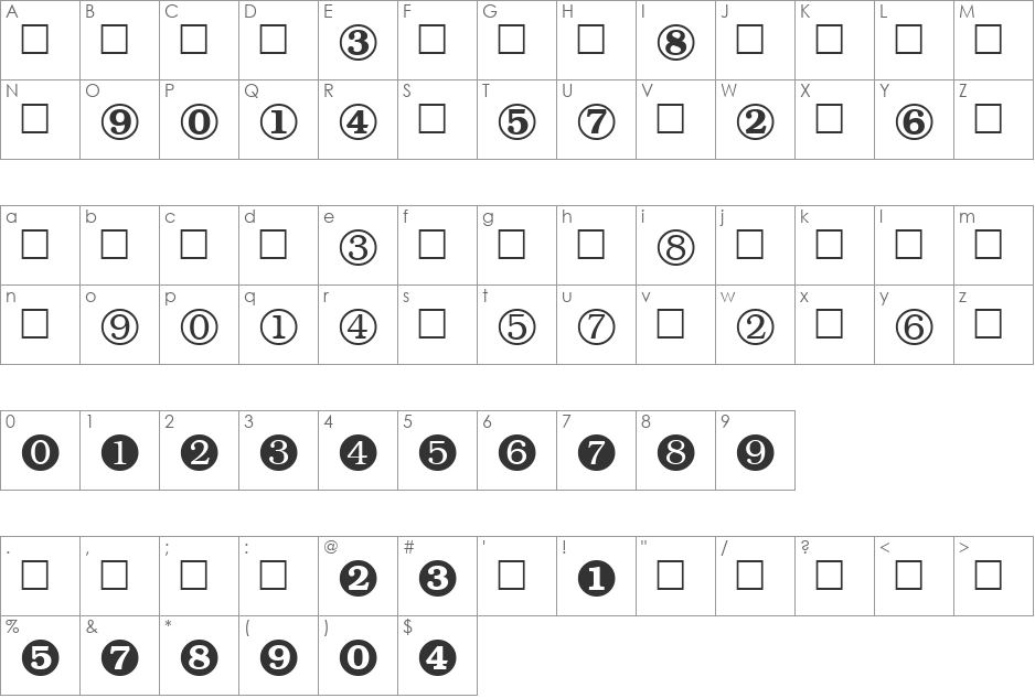 NumeralsTT font character map preview