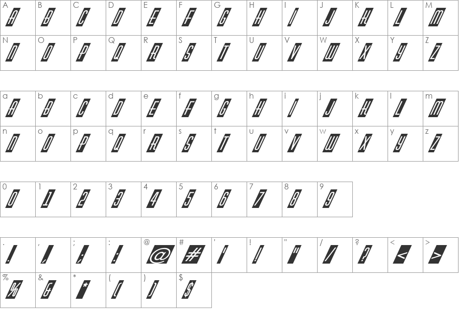 a_HuxleyCmVObl font character map preview