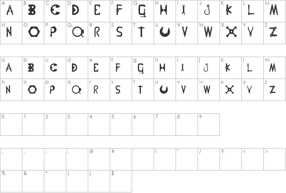 NutsNBolts font character map preview