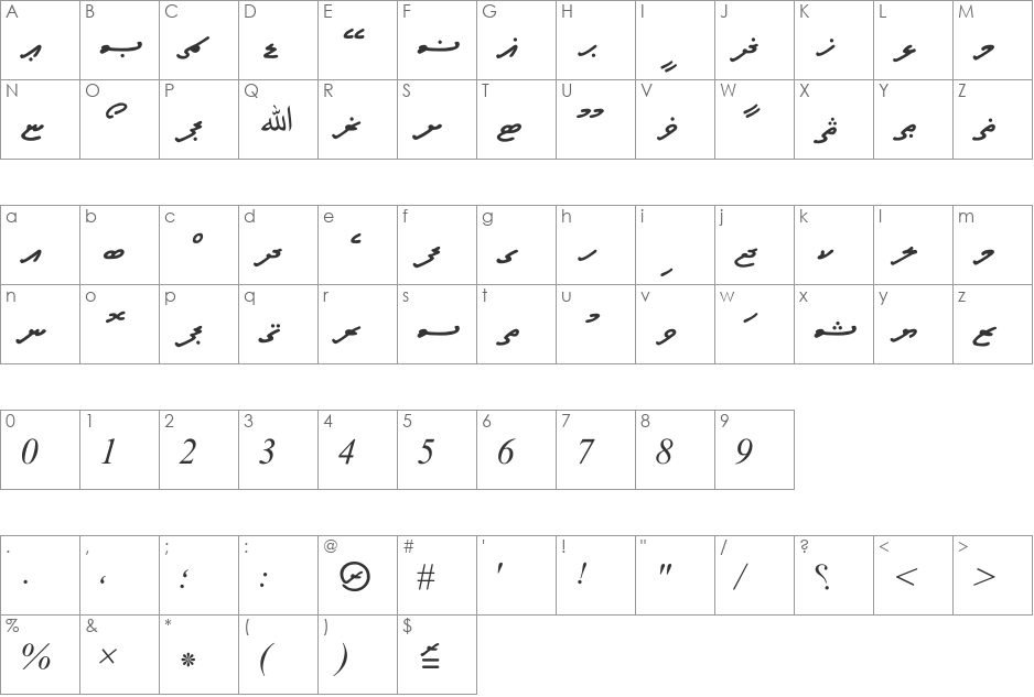 A_Ilham font character map preview