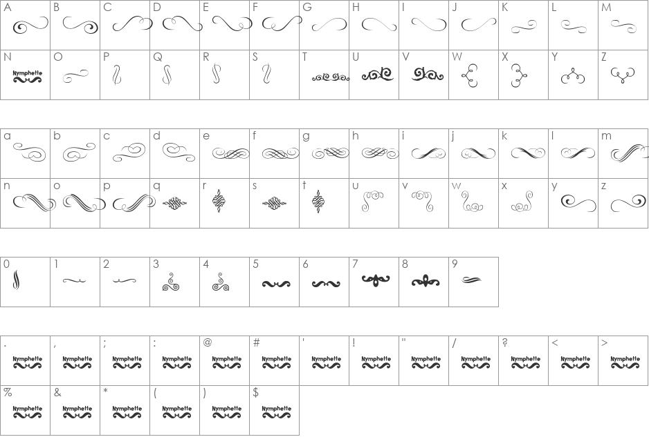 Nymphette font character map preview