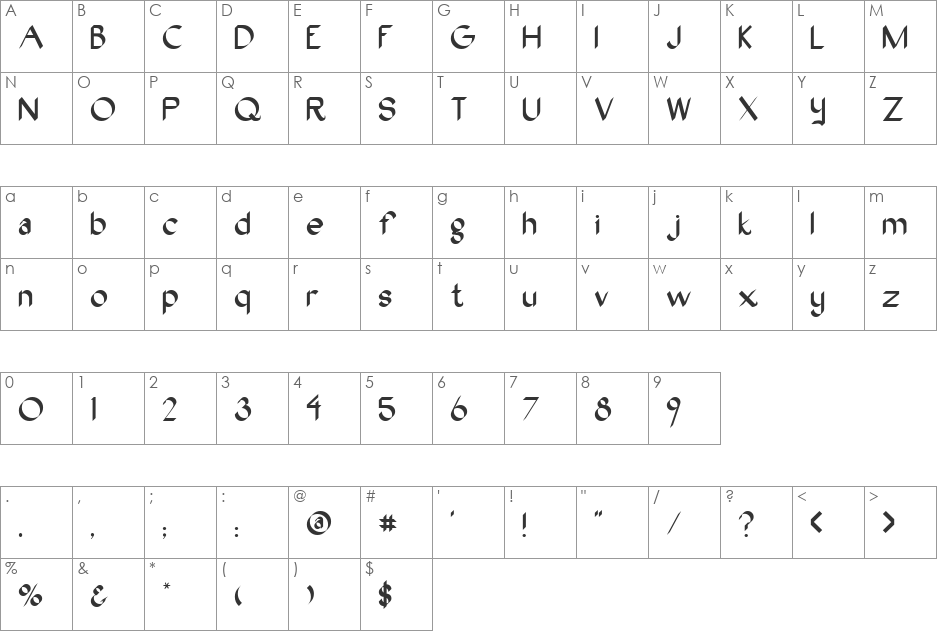 Oak font character map preview