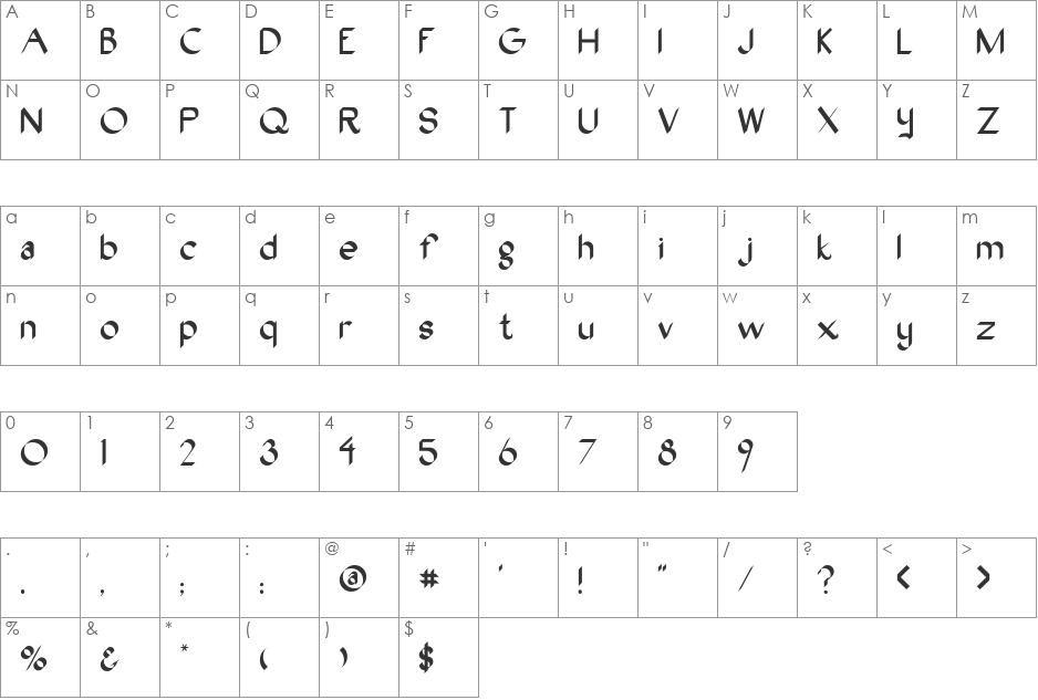 OakWood font character map preview