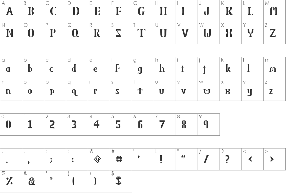 Obelisk MXVV 1.1 font character map preview