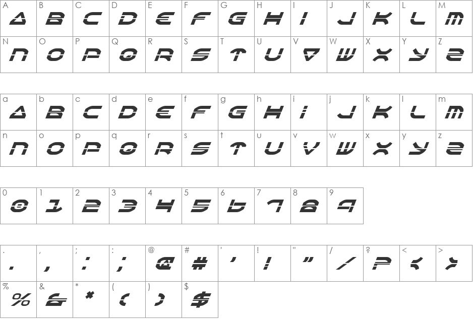 Oberon Laser Italic font character map preview