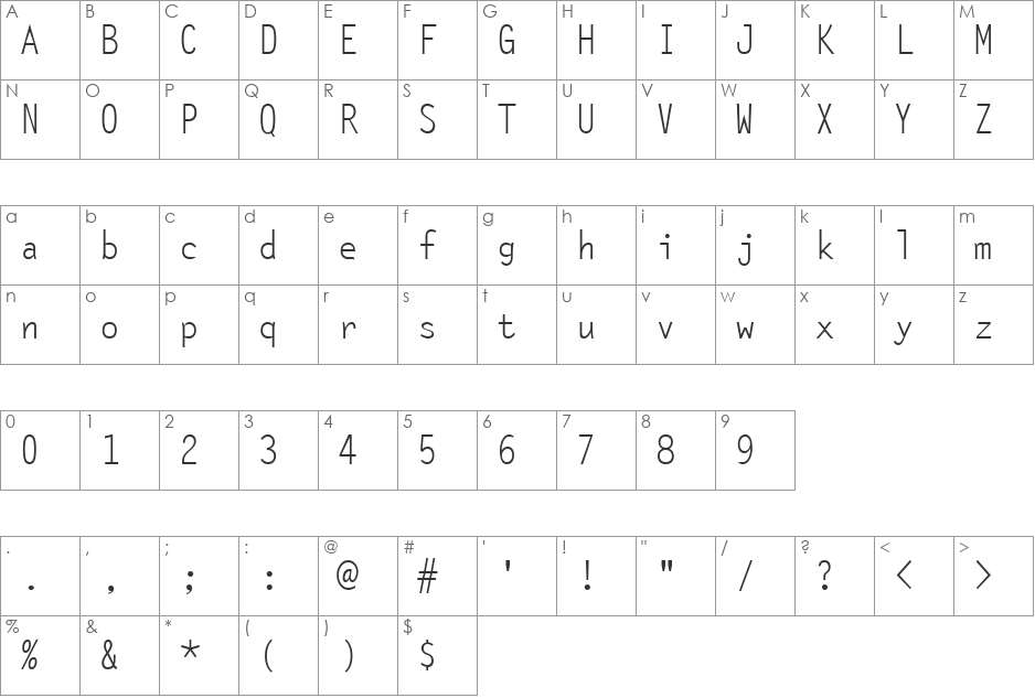 Ocelot Monowidth font character map preview
