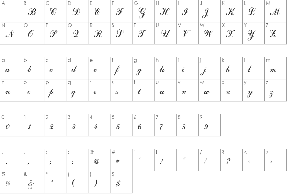 OdessaScript font character map preview