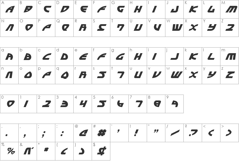 Officer Domenic Italic font character map preview
