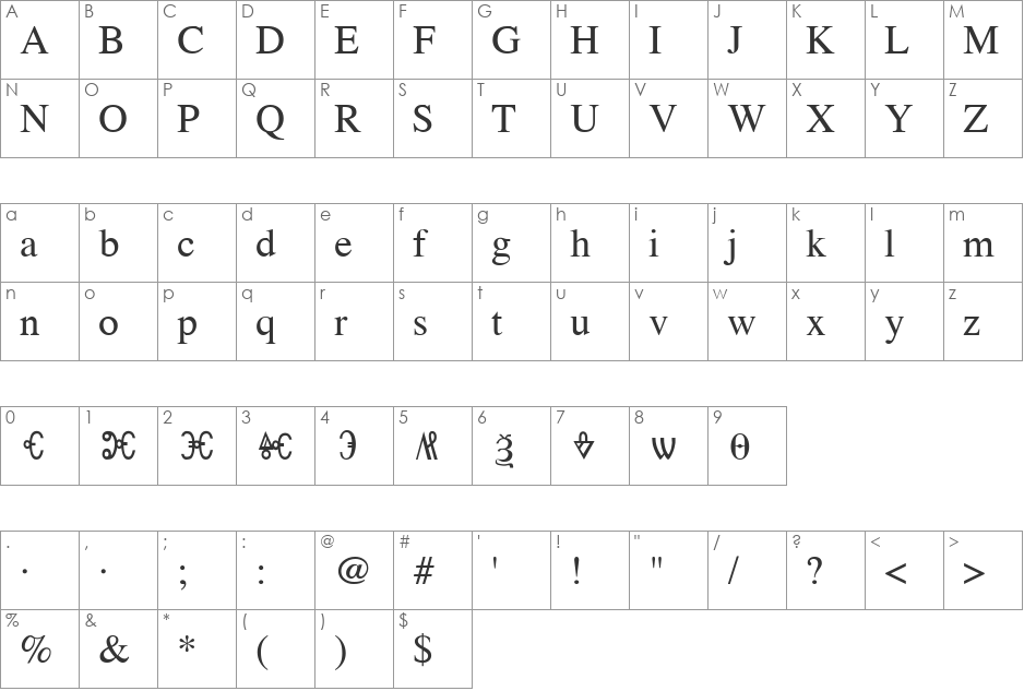 Old Church Slavonic Gla font character map preview