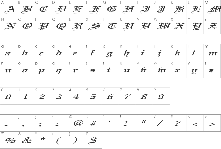 Old English Ex Italic font character map preview