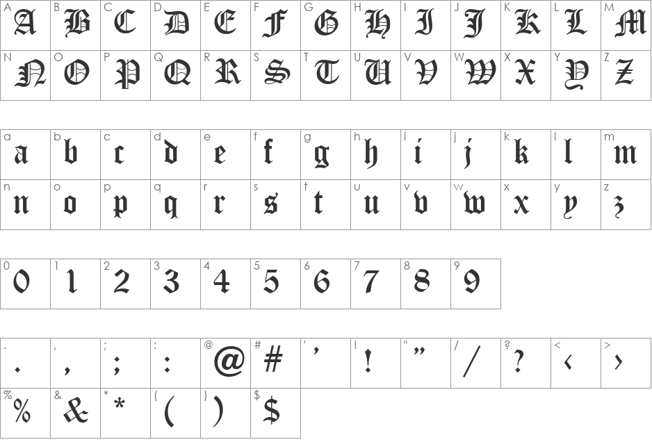 Old English Five font character map preview