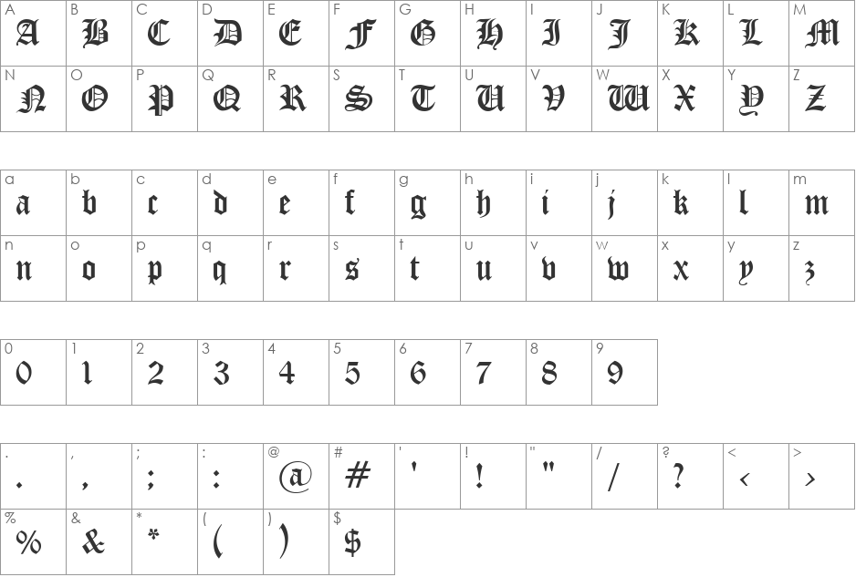 Old English Gothic font character map preview