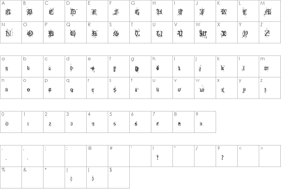 Old English Hearts font character map preview