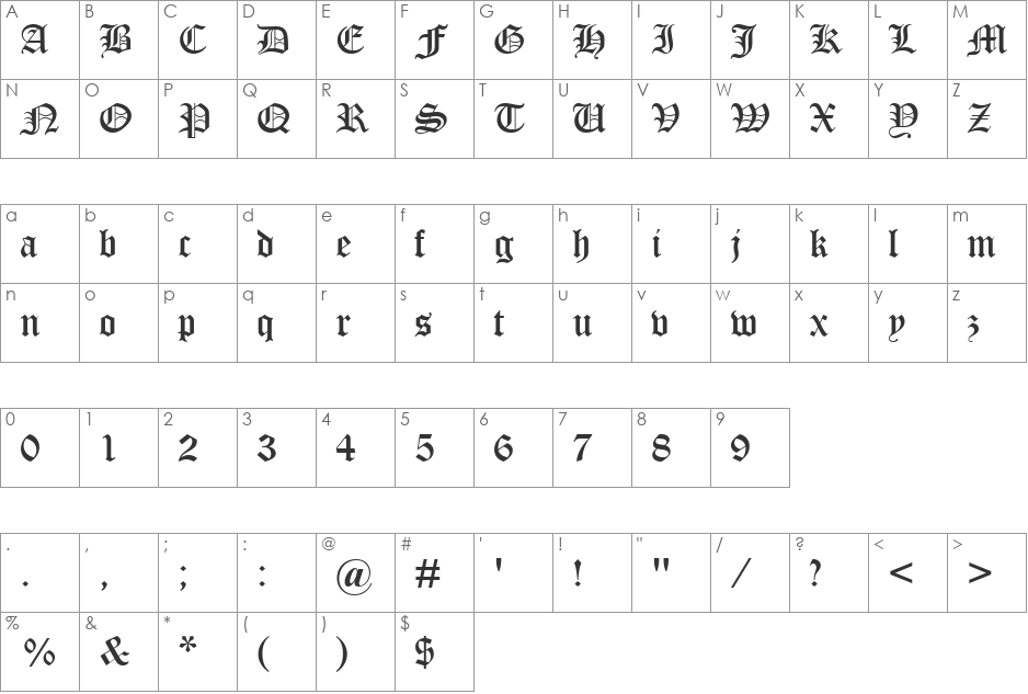 Old English Text MT font character map preview