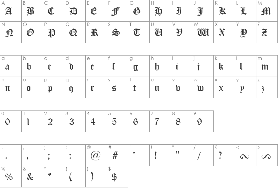 Old London font character map preview