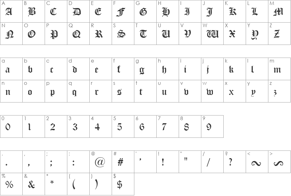 Old London Alternate font character map preview