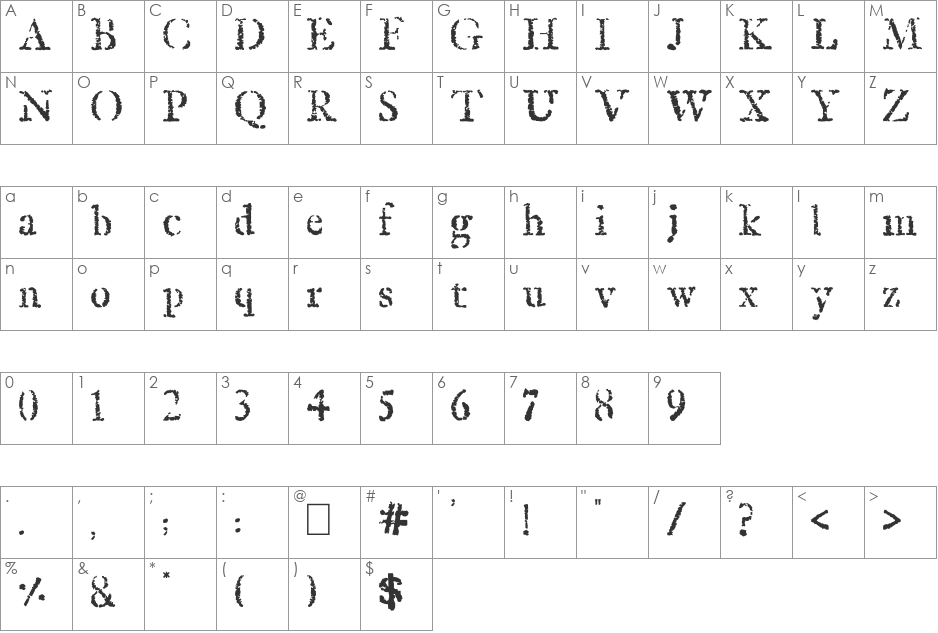 Old Rubber Stamp font character map preview