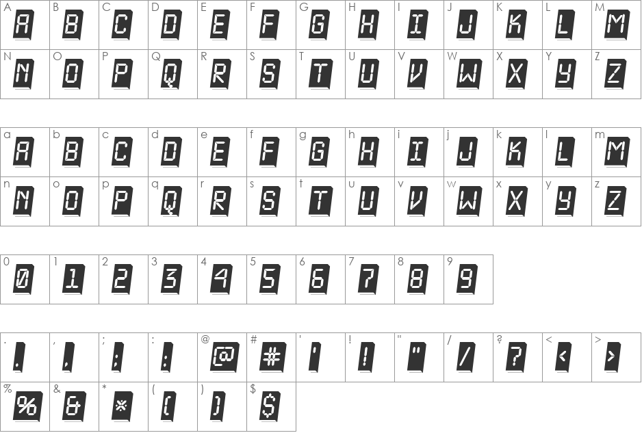 a_LCDNova3DPlObl font character map preview