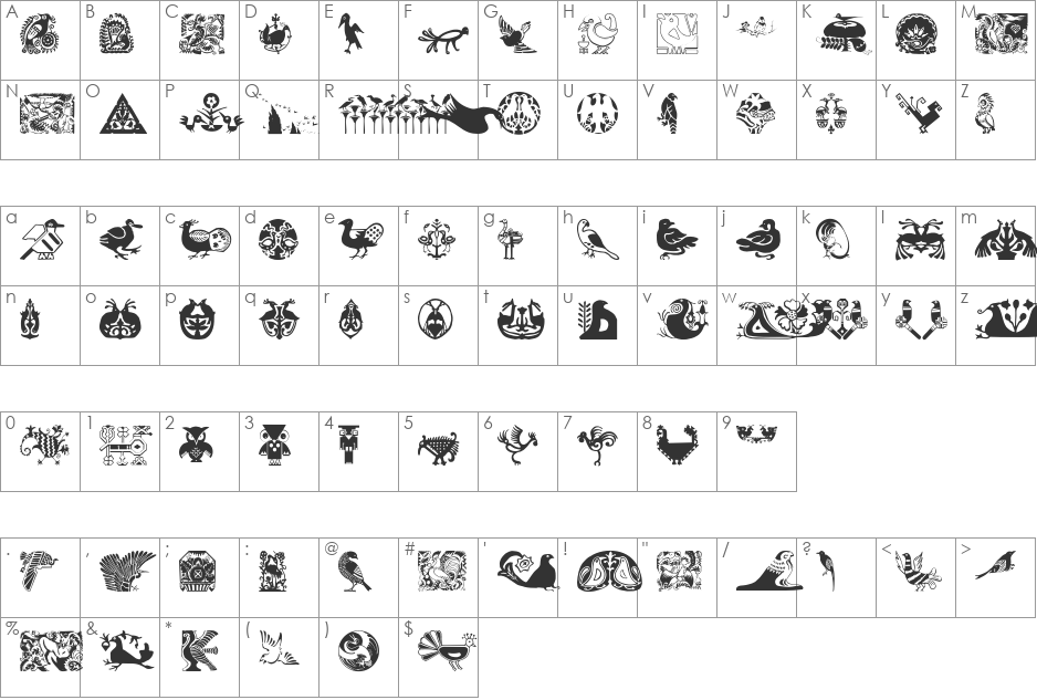 OldBirdsDesigns font character map preview