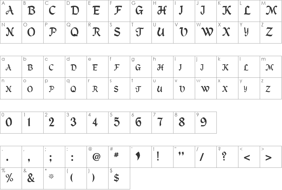 OldBrittaniaScript font character map preview