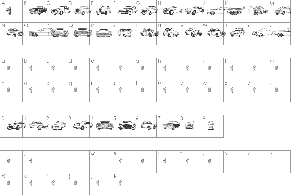 OLDCAR font character map preview