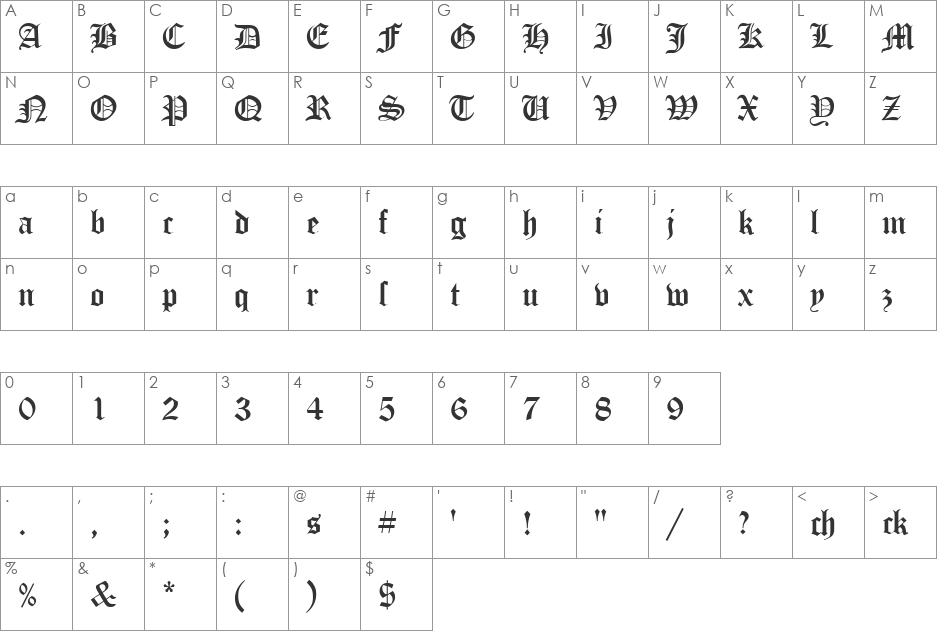 OldeEnglish font character map preview