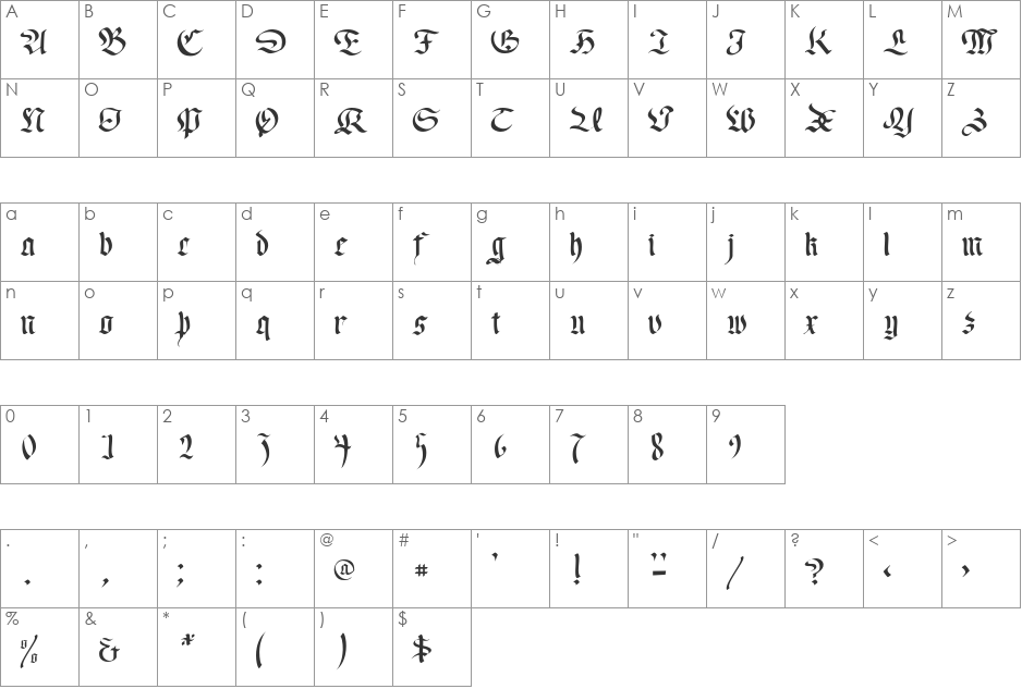 OldGerman font character map preview