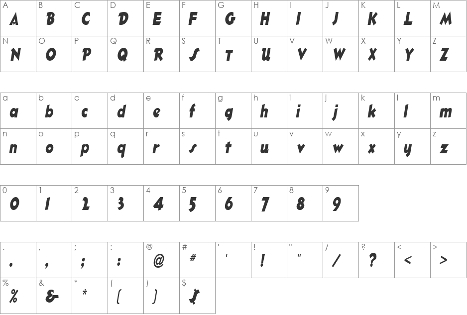 OleCondensed font character map preview