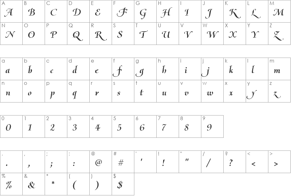 Olietta script font character map preview
